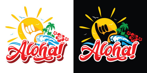 Aloha Hawaii beach vibes. Tropical island with aloha - lettering, sun, shaka hand sign, seagulls, palm-trees in sea waves. Vector on transparent and black background © Kiselov