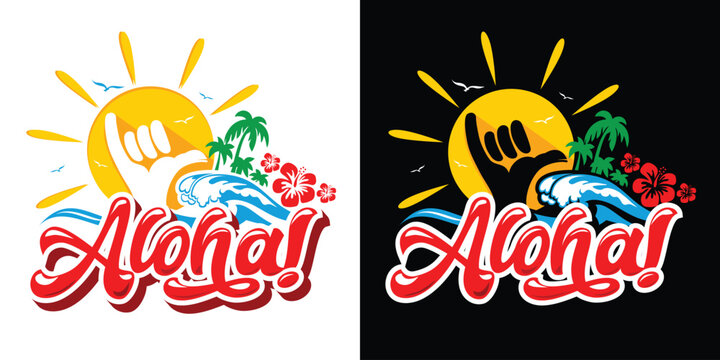 Aloha Hawaii beach vibes. Tropical island with aloha - lettering, sun, shaka hand sign, seagulls, palm-trees in sea waves. Vector on transparent and black background