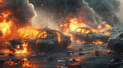 Burning Cars Amidst a Cloud of Smoke and Debris