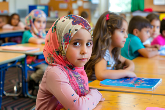 Muslim girl with jihab at school, cultural diversity