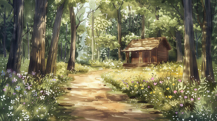 A watercolor illustration of a small wooden cabin in a forest clearing, surrounded by tall trees and wildflowers, with dappled sunlight creating a patchwork of light and shadow on the ground