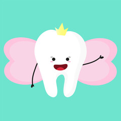 Vector cute tooth fairy wearing crown tooth fairy with wings. dental illustration for kids in flat style. illustration in dentistry concept on turquoise background