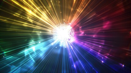 Obraz premium A Bright White Light Erupts from a Center of Radiating Colors and Glowing Particles