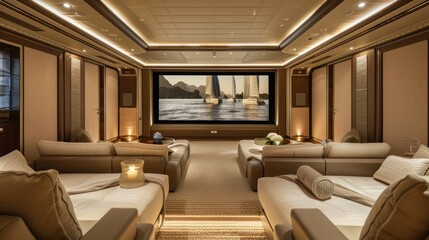 Fototapeta premium A Luxurious Home Theater with Plush Seating and a Large Screen Displaying a Coastal Scene