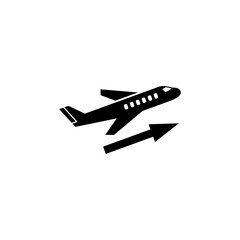 Modern, minimalist black and white airplane icon with dynamic arrow.