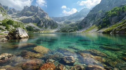 A serene mountain lake with crystal clear water reflecting the surrounding peaks. Rocks and boulders dot the shoreline and shallows