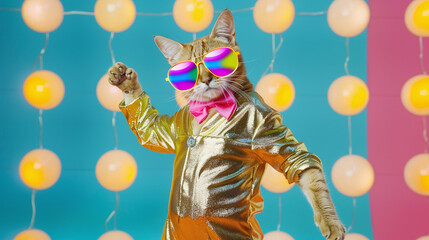  a cat in an 80s disco ensemble, wearing a shiny gold jumpsuit, a colorful bowtie, and tiny sunglasses.