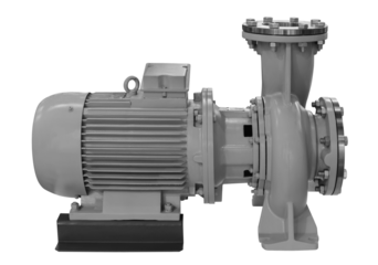 A large grey pump with a black base isolated on transparent background. The pump is in the middle of the image