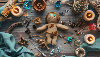 Voodoo doll with pins surrounded by ceremonial items on wooden table, flat lay