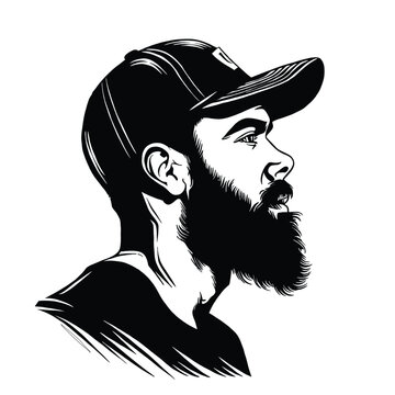 recommend clip art: Bearded man with baseball cap, vector illustration, simple lines, black and white, profile view, white background, logo design, simple style, clean line 