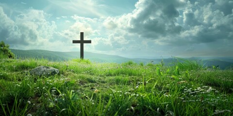 A wooden cross on a lush green meadow and cloudy sky, serene landscape with copy space. Religious and spirituality concept.