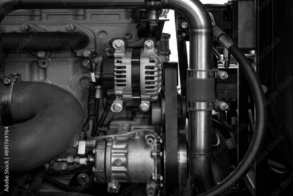 Poster a close up of a car engine with a lot of wires and a lot of bolts. the engine is black and white