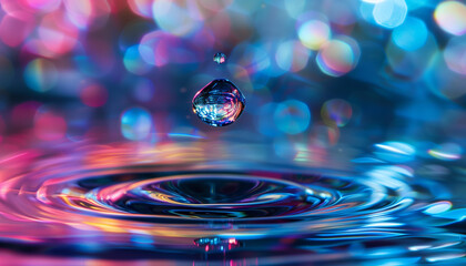 Falling water drop close-up, blurred colorful background.