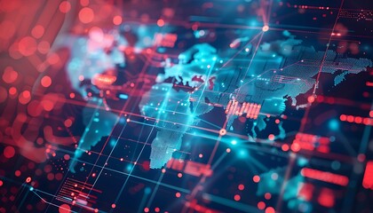 High-resolution image of a global network concept with a detailed world map and dynamic data nodes.