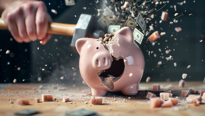 A person smashing piggy bank with hammer, money coming out of it on office table, stock photo style, high detail, sharp focus, studio light, high resolution photography