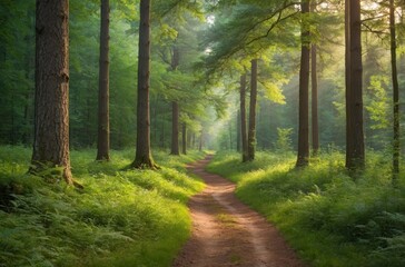 Fototapeta premium Sunbeams illuminating path through canopy of lush forest