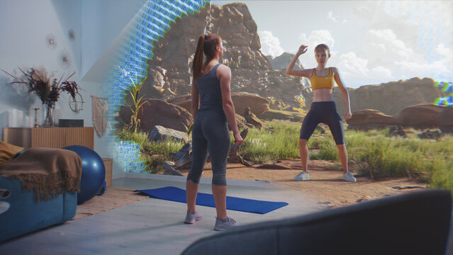Sportswoman starts exercising. VR screen shows virtual trainer and interface of AR fitness app with workout plan. Online training. Metaverse futuristic home gym with AI technologies. VFX animation.