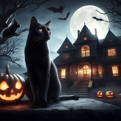 Halloween, witch Cat Illustration,spooky,empty space,anime 3D.
