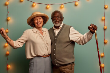 Smiling elderly multiracial couple celebrating with festive lights and decorations. Concept for holiday cheer, joy in aging, and celebrating life, Grandparent's Day