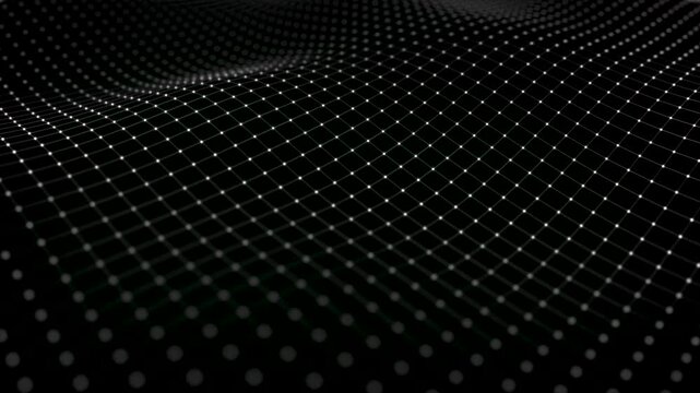 Abstract black background made of a plexus of glowing white dots, animated by waves connected by thin lines. Seamless looping animation. Black and white