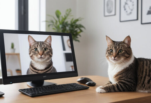  A cat video conferencing with another cat on a computer screen. 