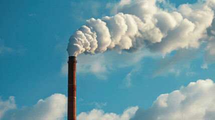 A factory chimney emitting white smoke under a blue sky with white clouds, highlighting environmental pollution