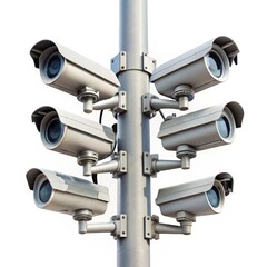 Six Security Cameras Mounted On A Pole In A Modern Urban Setting. Generative AI