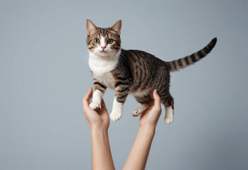 Obraz premium A person holding a cat up high, showing it off proudly. 