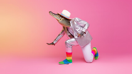 a crocodile in an 80s disco ensemble, wearing a shiny silver jacket, rainbow leg warmers, and a tiny fedora hat, fun neon colors
