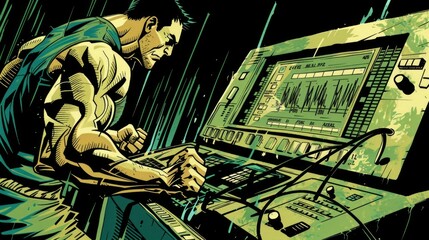 muscular athlete sits before a monitor displaying an electrocardiogram, focused intently on the readings as if analyzing their own heart's rhythm.