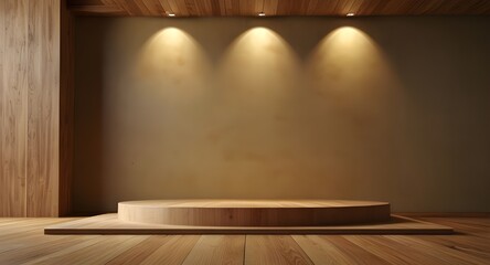 Empty 3D pedestal platform with kitchen background podium product showcase wall table. Podium stand studio wooden floor background, abstract floor stage modern base, food kitchen wooden yellow light