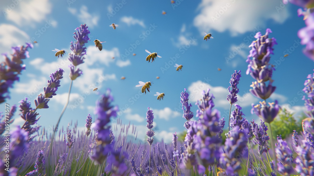 Wall mural a field of blooming lavender with bees buzzing around and a blue sky above.