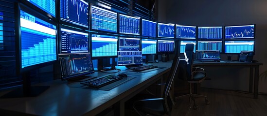 High-detail trading desk setup, multiple monitors with blue charts, dark background, cinematic lighting, 3d render, full ultra HD