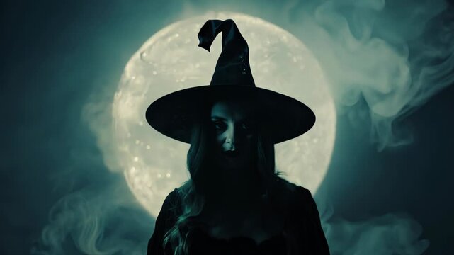 Silhouette of a witch in a pointed hat against the backdrop of a full moon surrounded by fog.
Concept: Halloween and mysticism