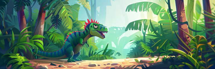 Cartoon Dinosaur in a Lush Jungle with Green Foliage and Sunlight - An animated dinosaur standing on a path in a dense jungle with sunlight filtering through the green foliage.
