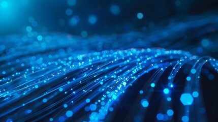 A mesmerizing image showcasing blue fiber optic cables representing connectivity, data transfer, internet speed, futuristic technology, and digital communication