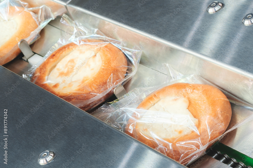 Poster three pieces of bread are in plastic bags and are being processed by a machine. the bread is white a