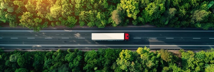 This aerial photo showcases a freight truck traveling on a highway surrounded by lush, dense forest, blending transportation, nature, and efficiency. It symbolizes logistics, journey, sustainability, 