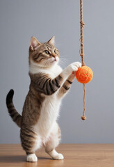 A cat playfully batting at a dangling string toy. 