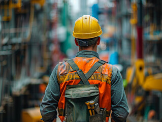 Construction Worker Walking Backwards in Urban Setting