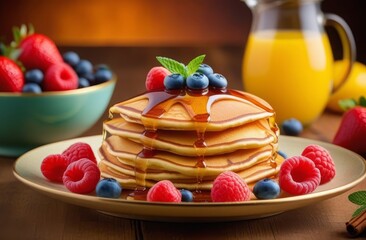 Stack of pancakes topped with berries and syrup.