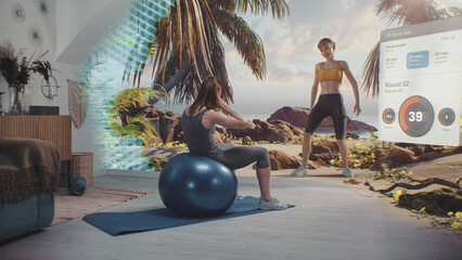 Athletic woman exercises with fitball. VR screen with displayed virtual trainer and interface of AR fitness app with workout plan. Metaverse futuristic home gym with AI technologies. VFX animation.