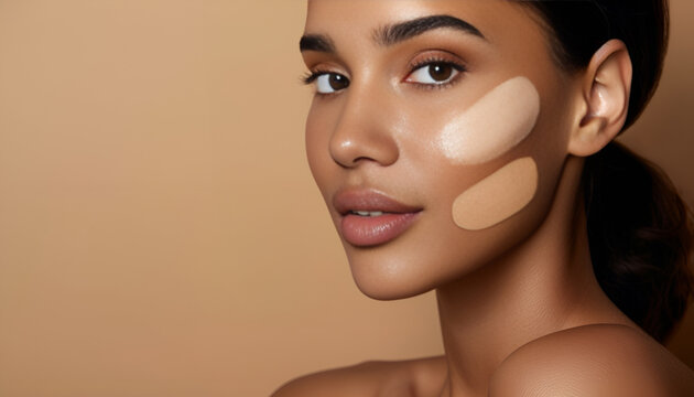 Woman with swatches of foundation on face against brown background, closeup