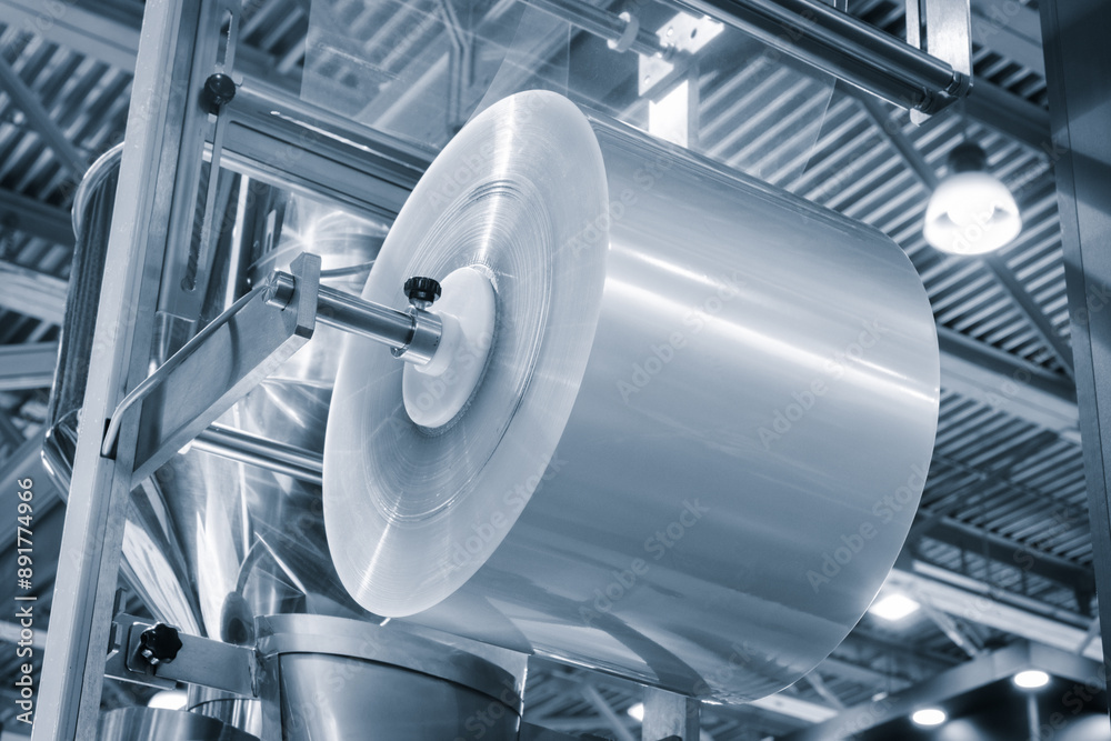 Poster automatic polyethylene plastic bag production machine with lighting effect. close-up of the roller o