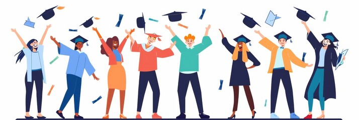 A colorful illustration of diverse graduates celebrating symbolizes achievement, diversity, joy, success, and new beginnings as they throw their caps in the air.
