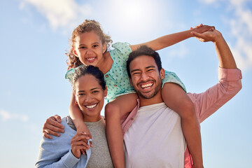 Happy family, environment and support in portrait for holiday or travel, relax in Mexico with girl....