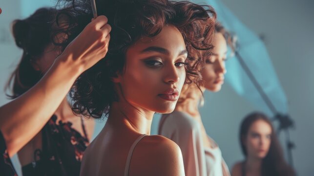 A hair stylist runs their fingers through a model's hair as they prepare her for a high fashion photoshoot