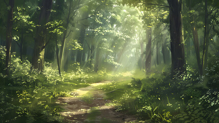 Scenic painting of a winding path through a lush forest surrounded by tall trees and dappled sunlight