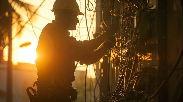 A silhouette of an electrician working on an electrical panel, with the sun setting in the background. This image symbolizes hard work, dedication, safety, expertise, and electrical power.
