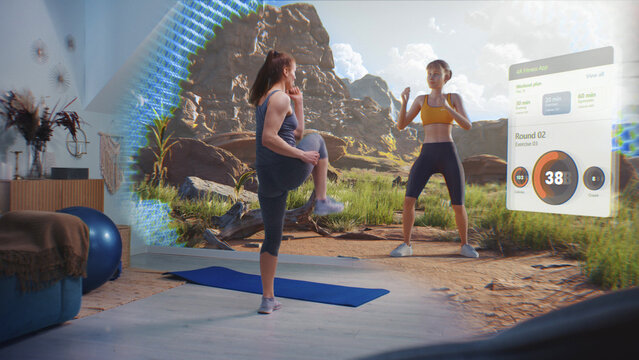 Sportswoman starts exercising. VR screen shows virtual trainer and interface of AR fitness app with workout plan. Online training. Metaverse futuristic home gym with AI technologies. VFX animation.